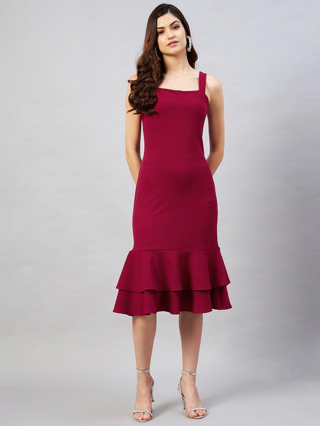 rare women maroon solid sleeveless bodycon midi dress