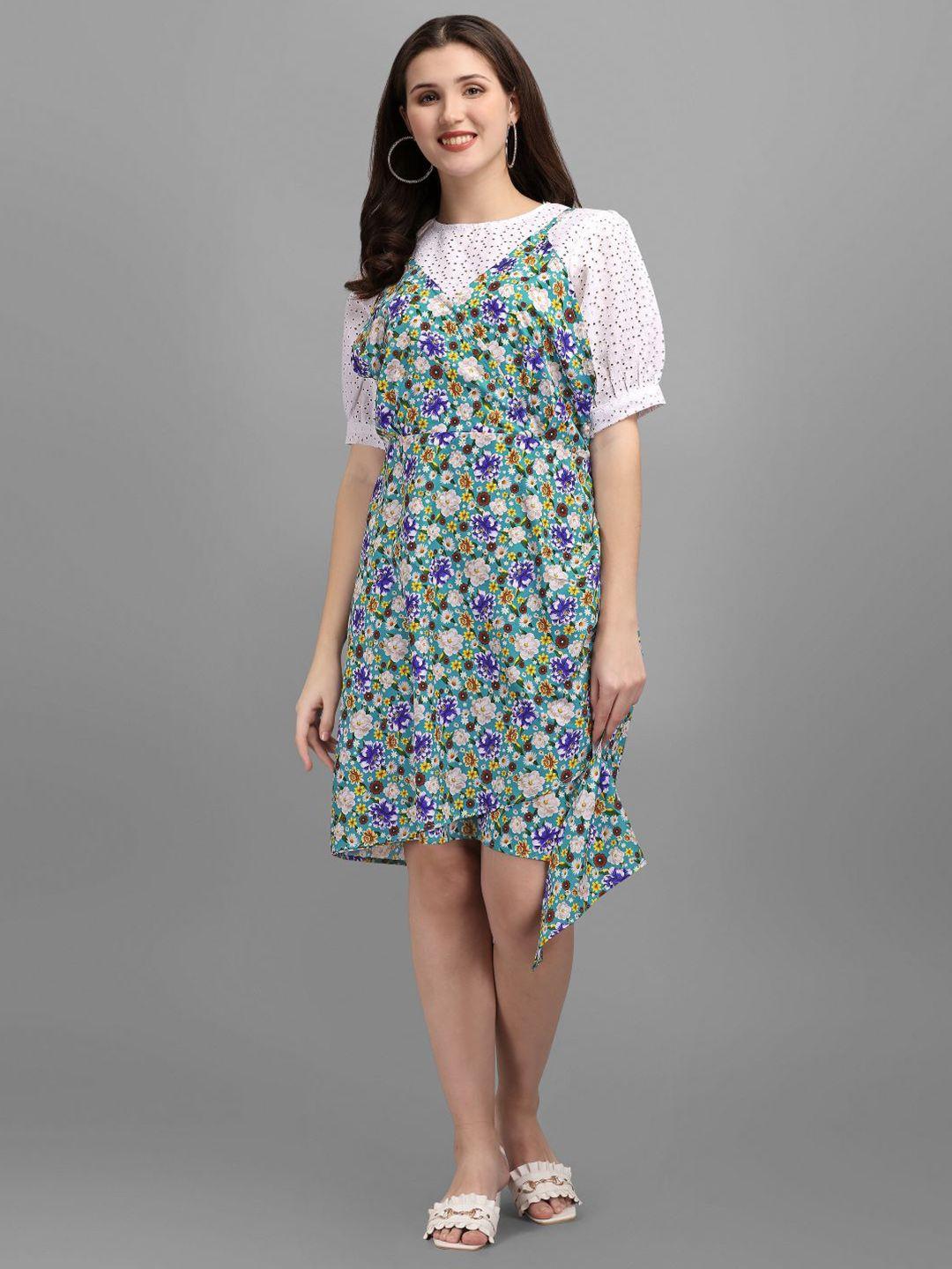 gufrina women sea green & blue floral crepe pinafore dress