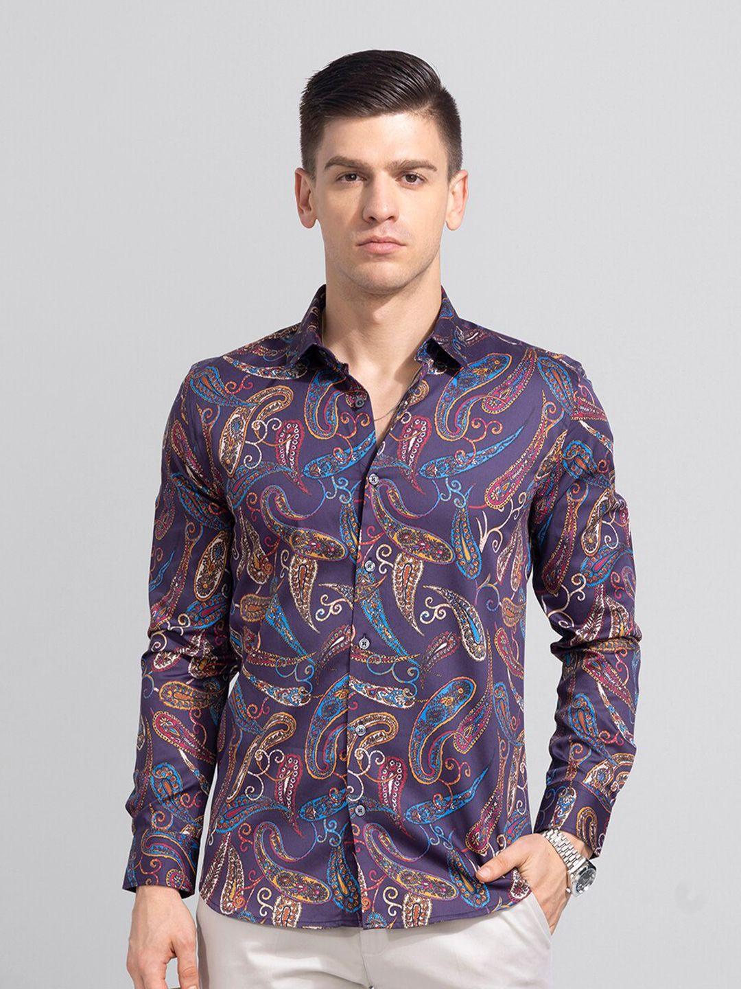 snitch men purple slim fit printed casual shirt