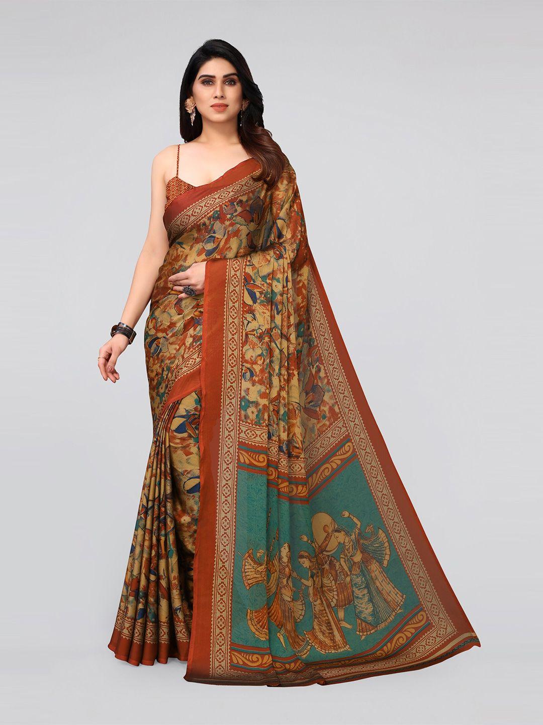 mirchi fashion orange and mustard yellow ethnic motifs print poly chiffon saree