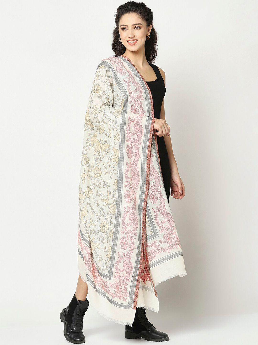 la vastraa women white & red woven design wool shawl