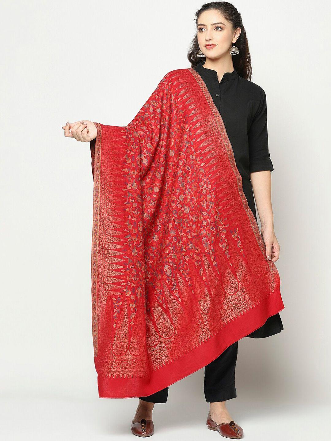 la vastraa women red woven design pure wool shawl