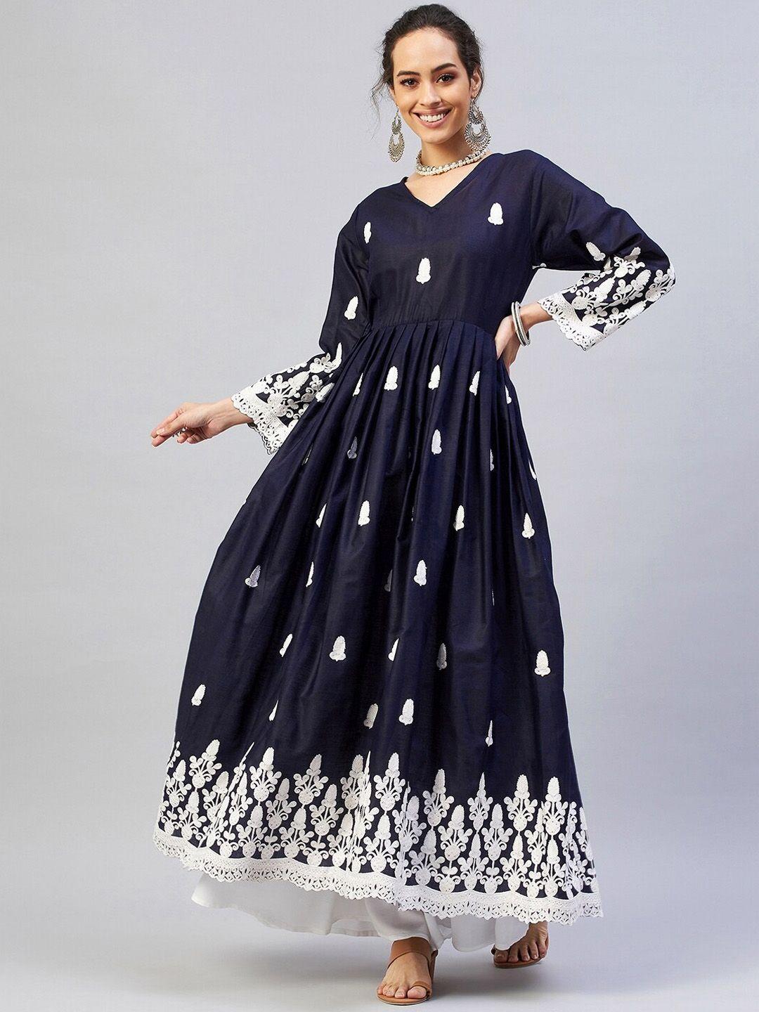 inweave women navy blue ethnic motifs embroidered anarkali kurta