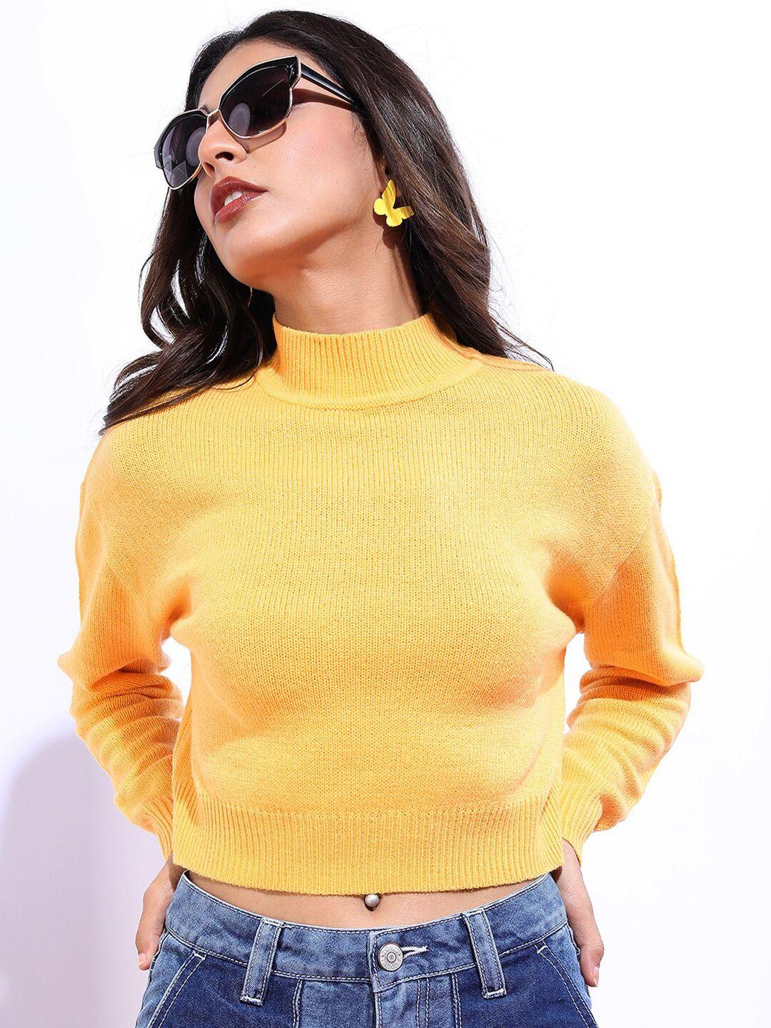 tokyo talkies women mustard ribbed pullover