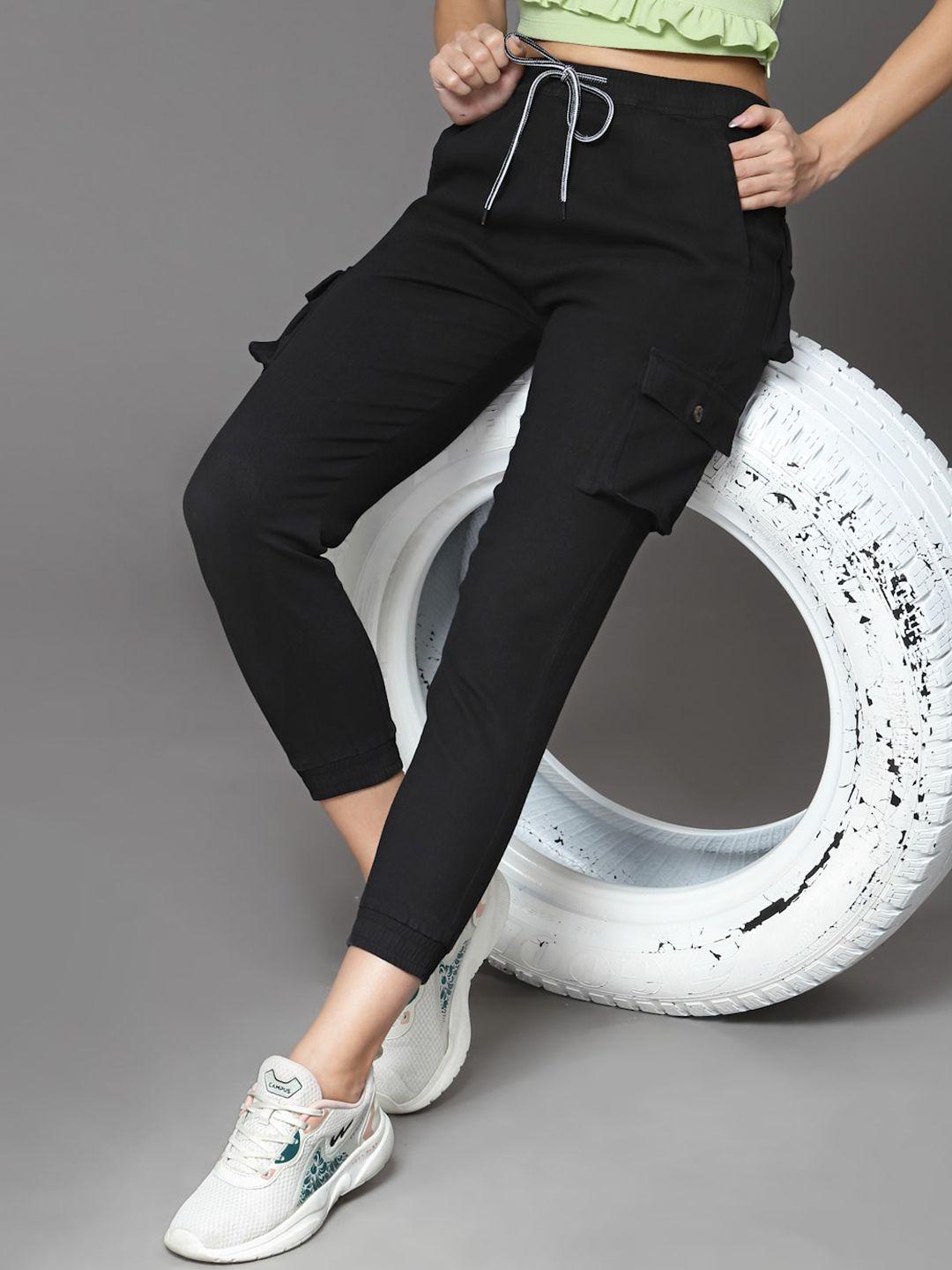 kassually women black cotton comfort easy wash regular fit joggers trousers