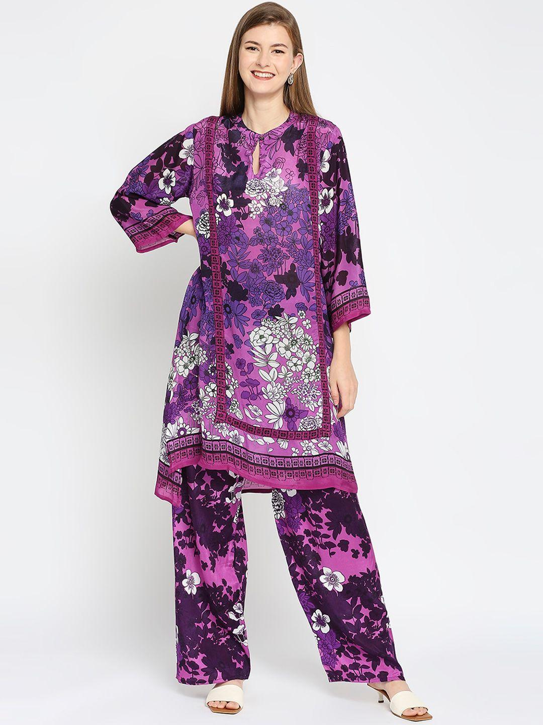 cloth haus india women purple floral printed keyhole neck flared sleeves kurta