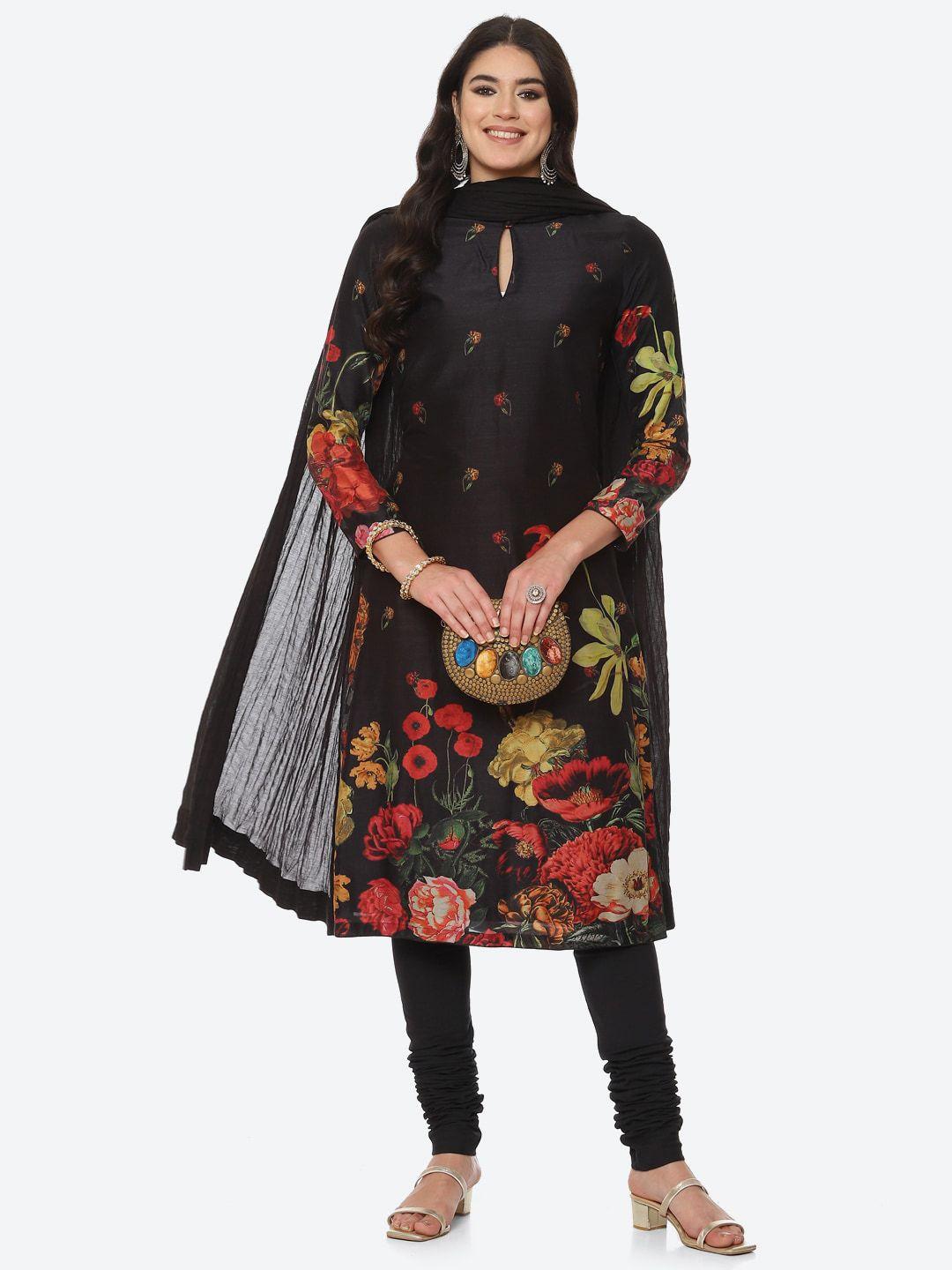 biba by rohit bal women black printed chanderi silk kurta with churidar  with dupatta