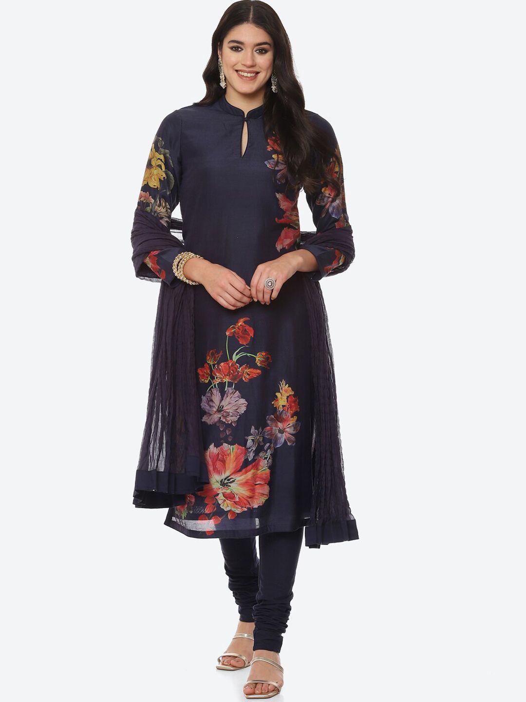 biba women blue floral printed chanderi silk kurta with churidar & with dupatta