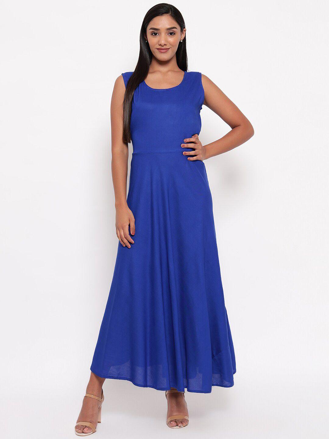 aawari women blue solid round neck maxi dress