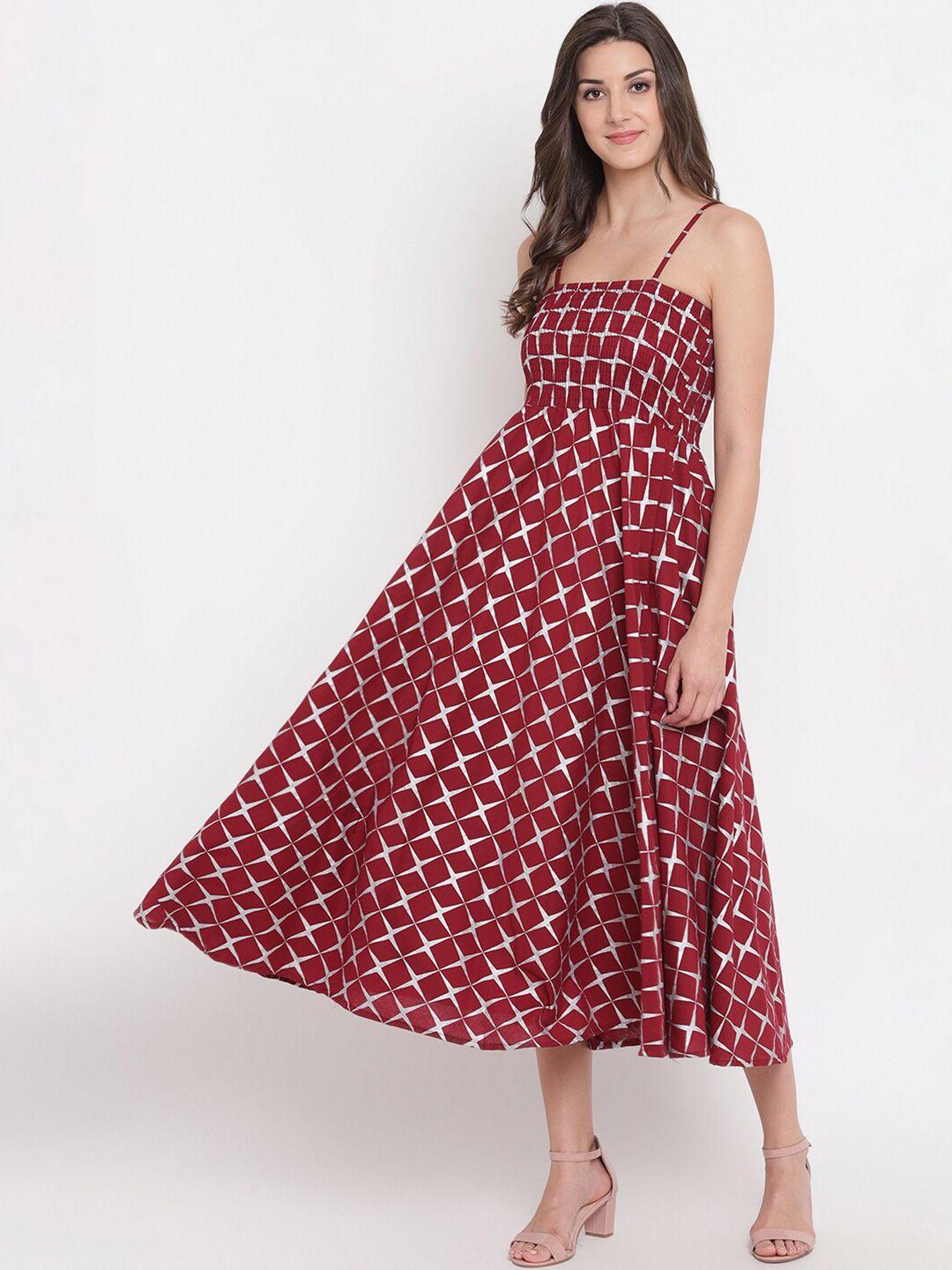 aawari women maroon & white printed shoulder straps midi dress