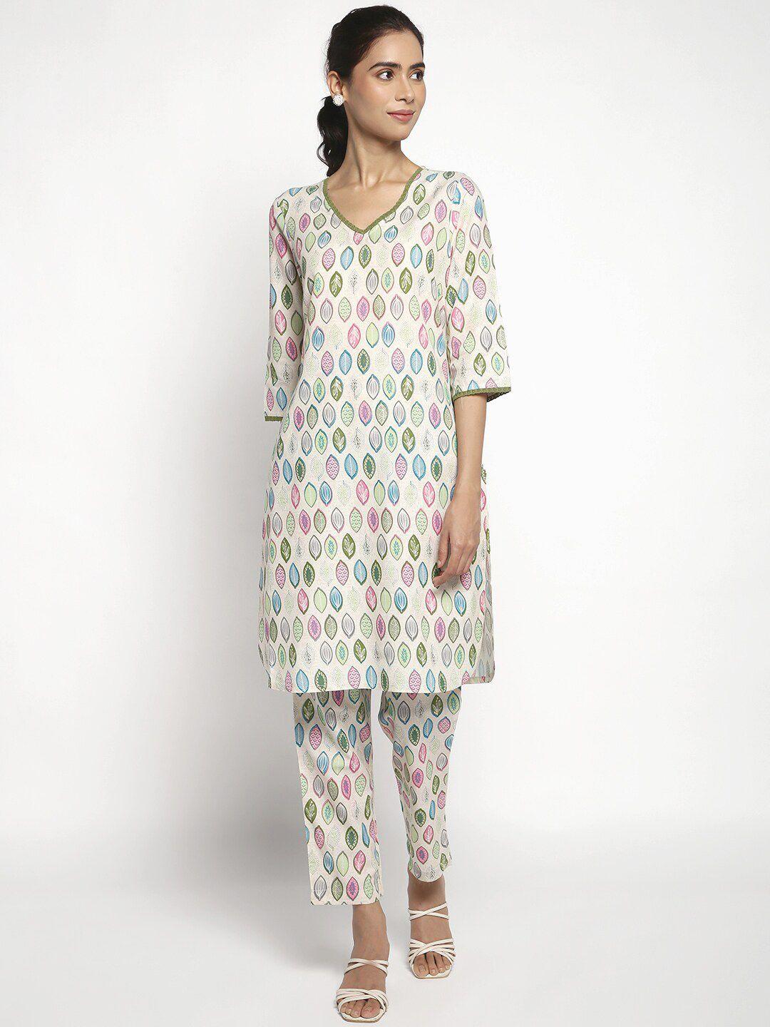 aurelia women printed v-neck straight kurta with trousers