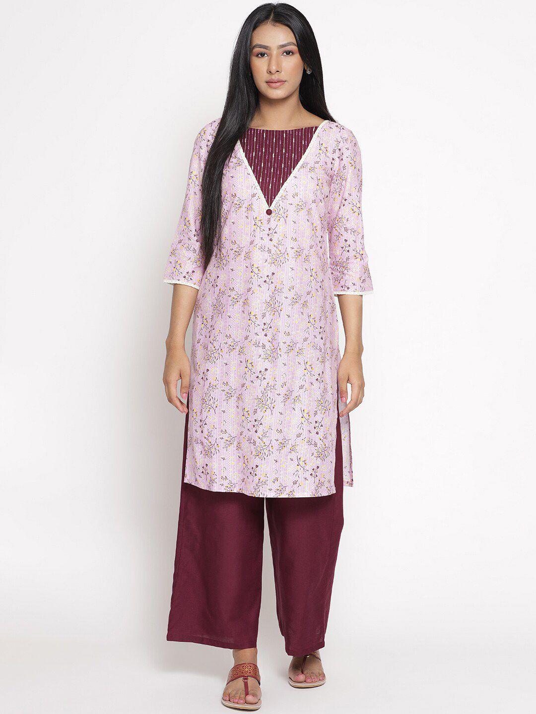 aurelia women pink floral printed kurta with palazzos