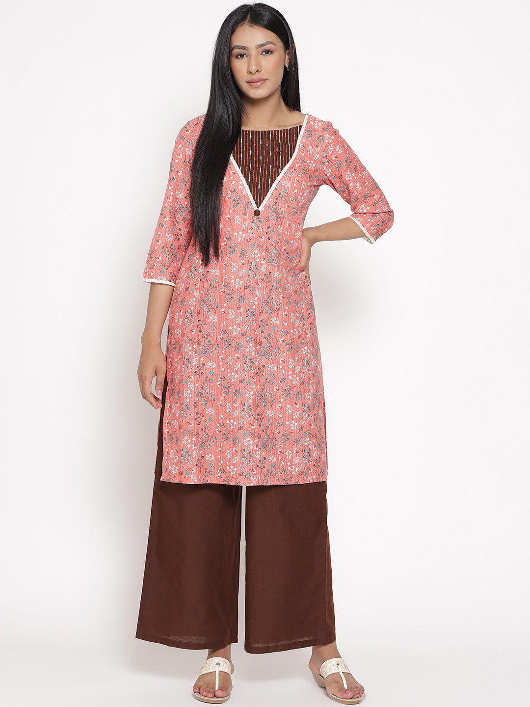 aurelia women peach-coloured ethnic motifs printed kurta with palazzos