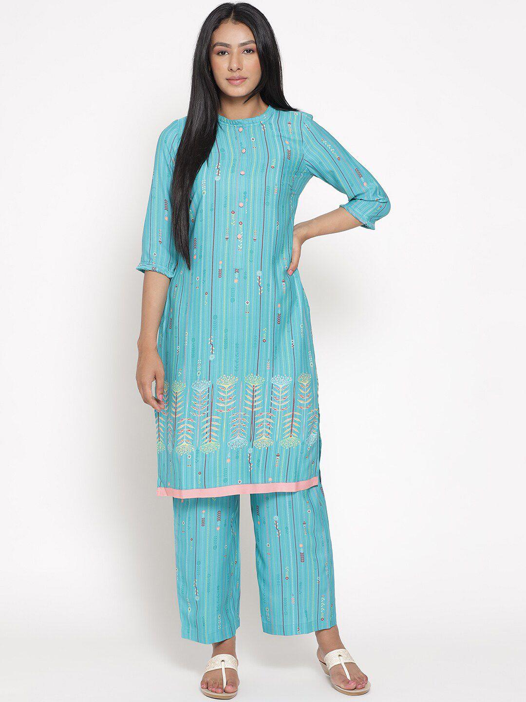 aurelia women ethnic motifs printed polyester straight kurta with palazzos