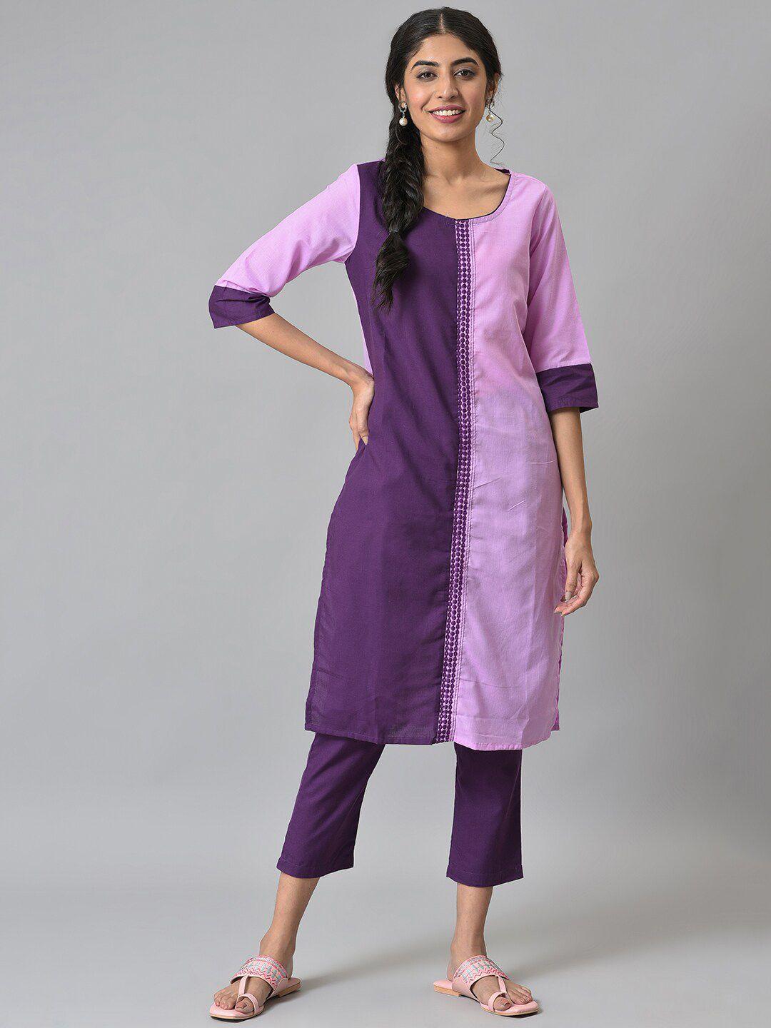 aurelia women purple colourblocked panelled kurta with palazzos