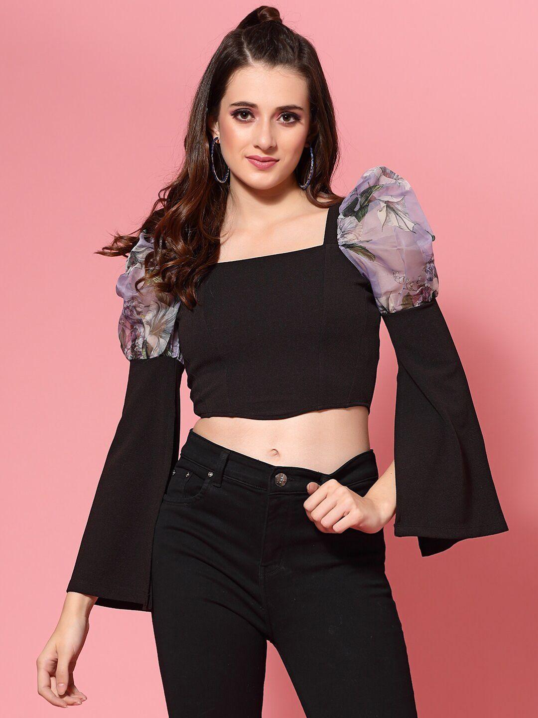 kassually women black & purple puff sleeves crop top