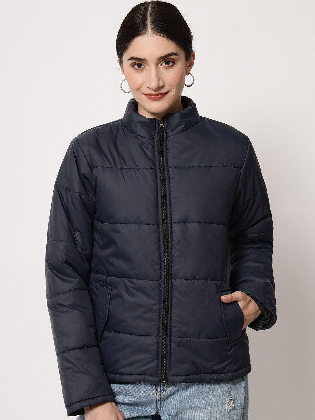 kotty women navy blue solid polyester puffer jacket