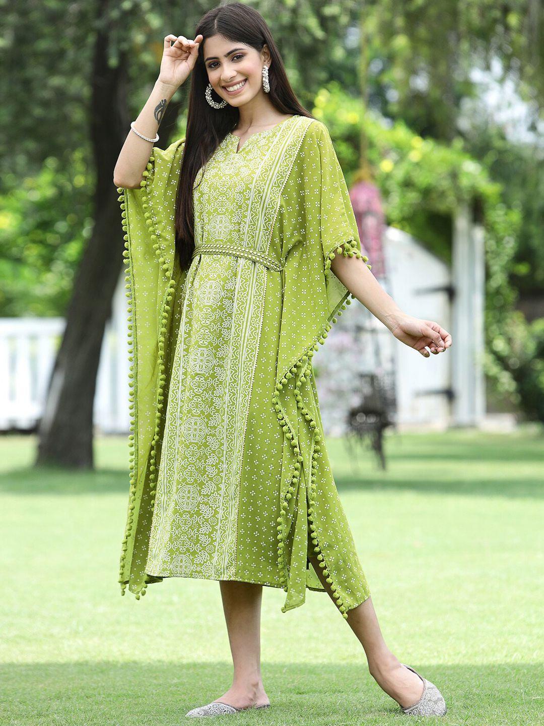 juniper green printed georgette kaftan midi dress