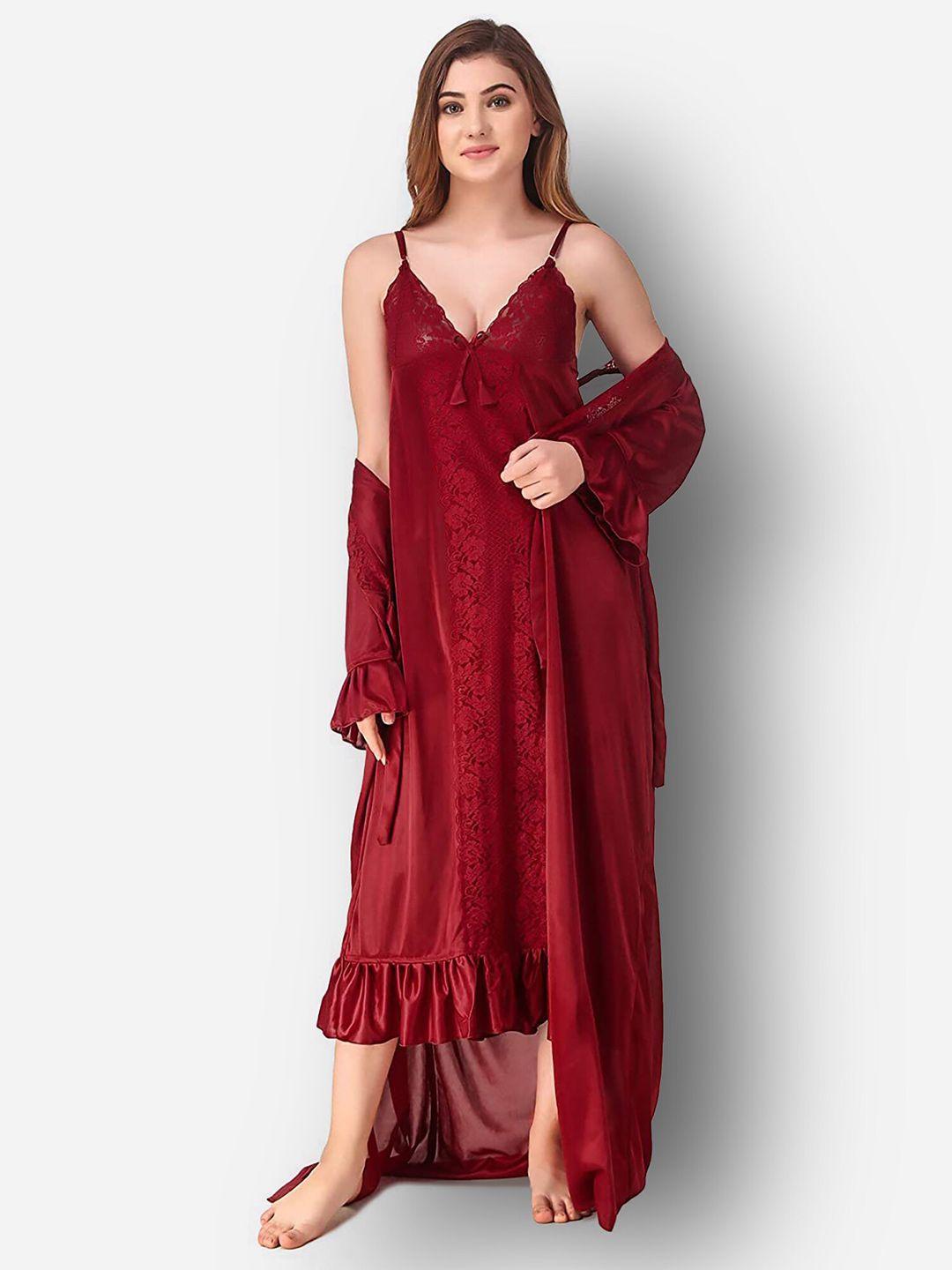 romaisa maroon maxi nightdress with robe