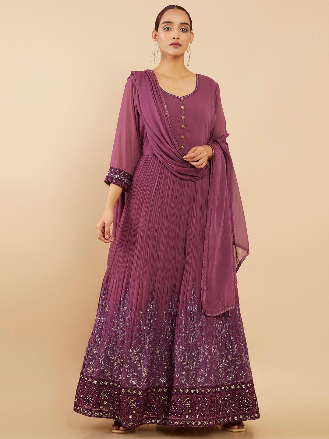 soch magenta georgette ethnic maxi dress with pant & dupatta