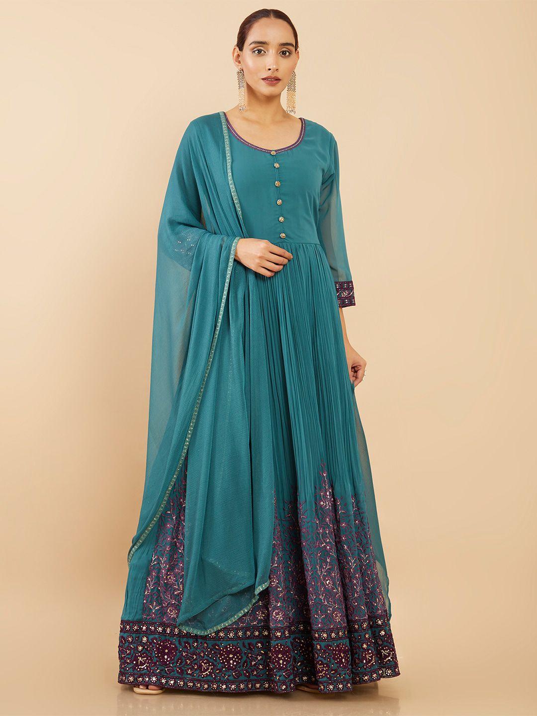 soch teal floral georgette ethnic maxi dress with pant & dupatta