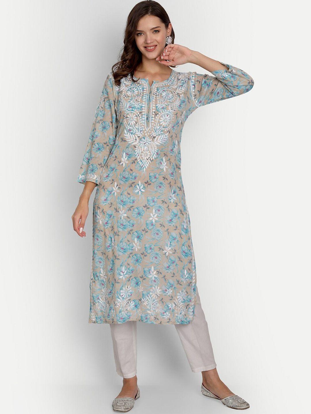 indiankala4u women grey & blue floral printed chikankari kurta