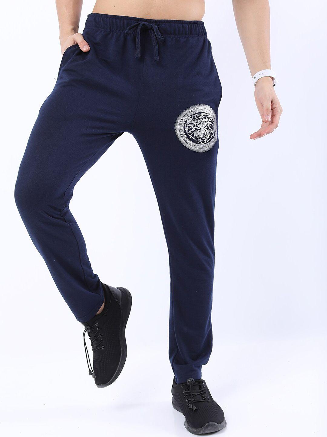 highlander men navy blue regular fit printed track pants