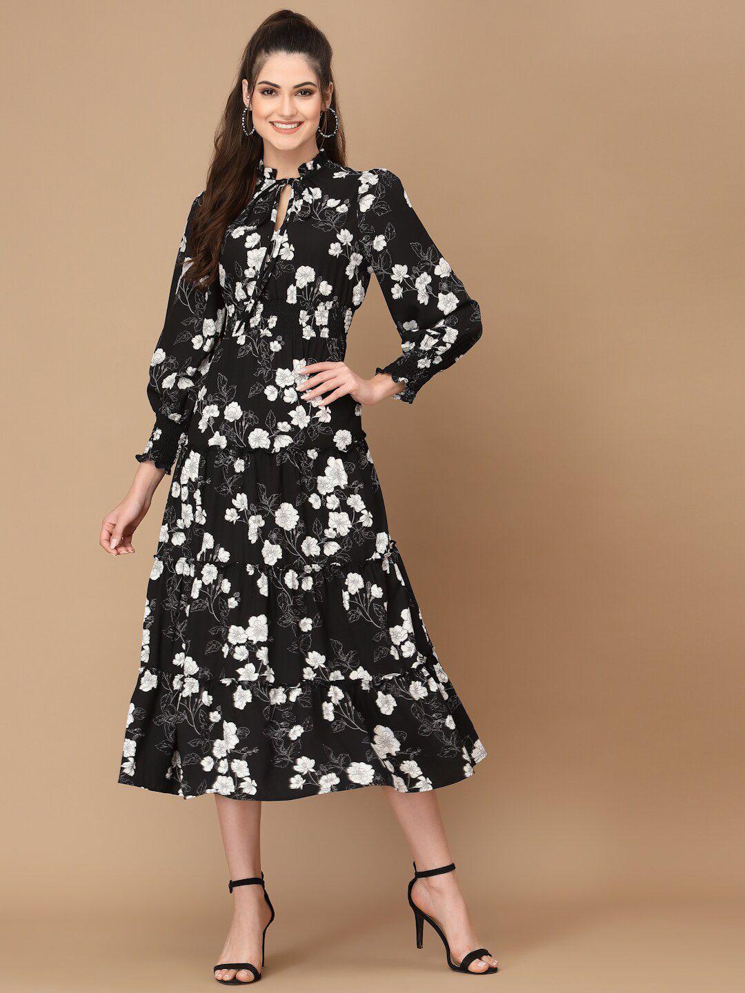 kassually black floral tie-up neck crepe midi dress