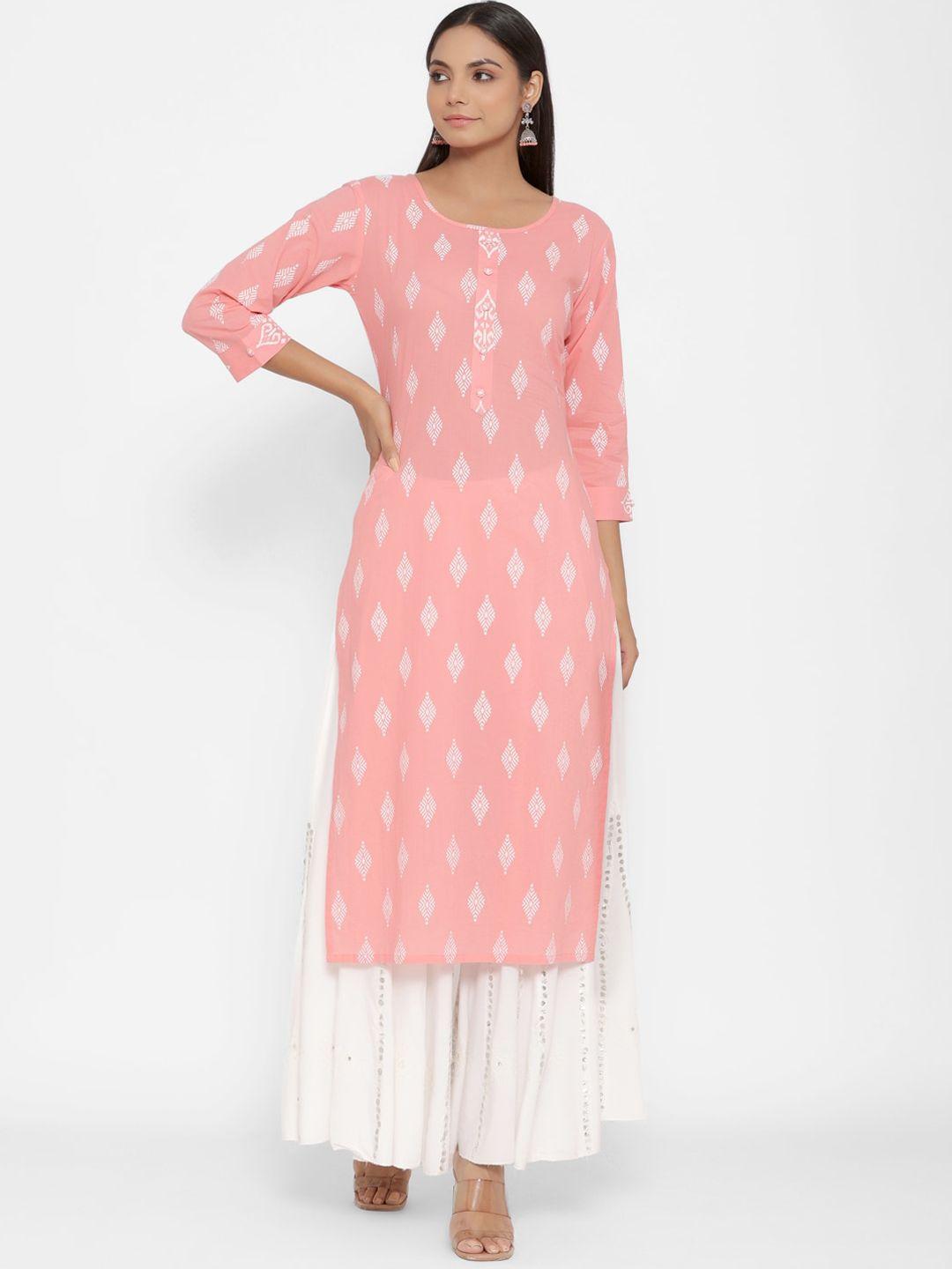 parchhai women peach-coloured ethnic motifs printed pure cotton pastels kurta