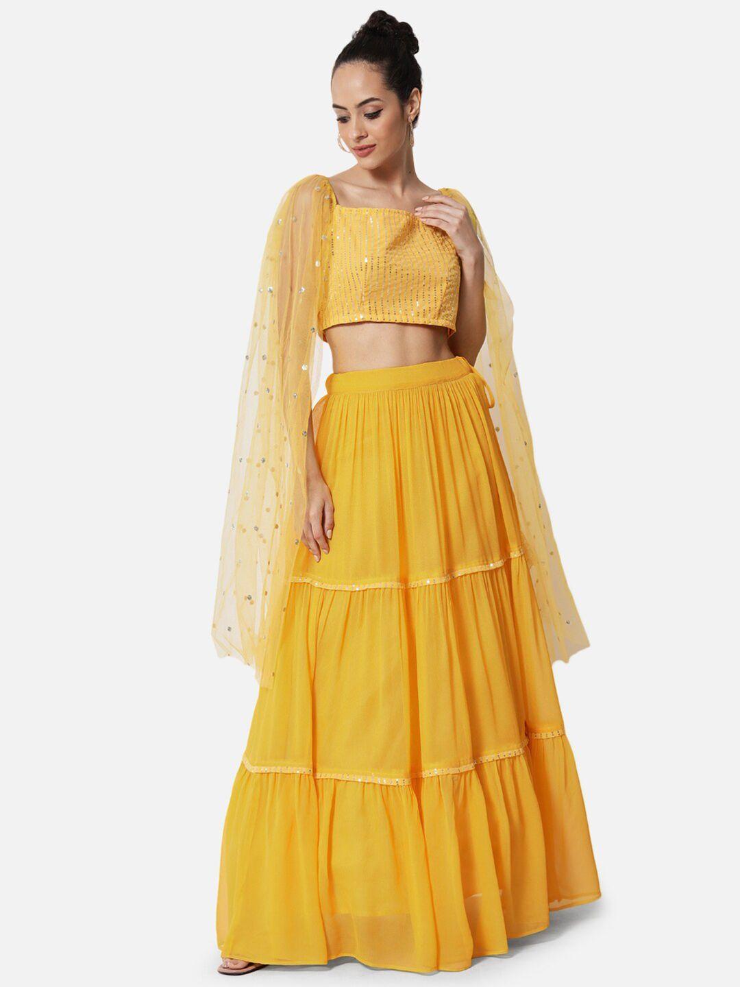 studio rasa yellow & gold-toned embroidered sequinned ready to wear lehenga