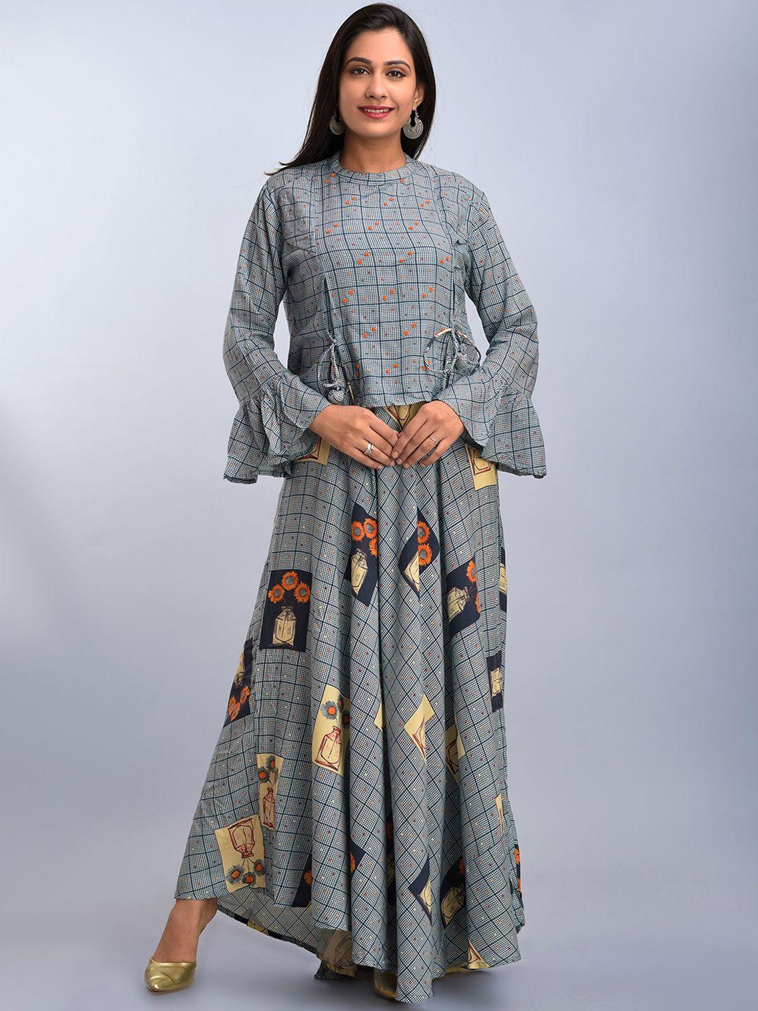 sangria women grey geometric printed anarkali kurta with jacket