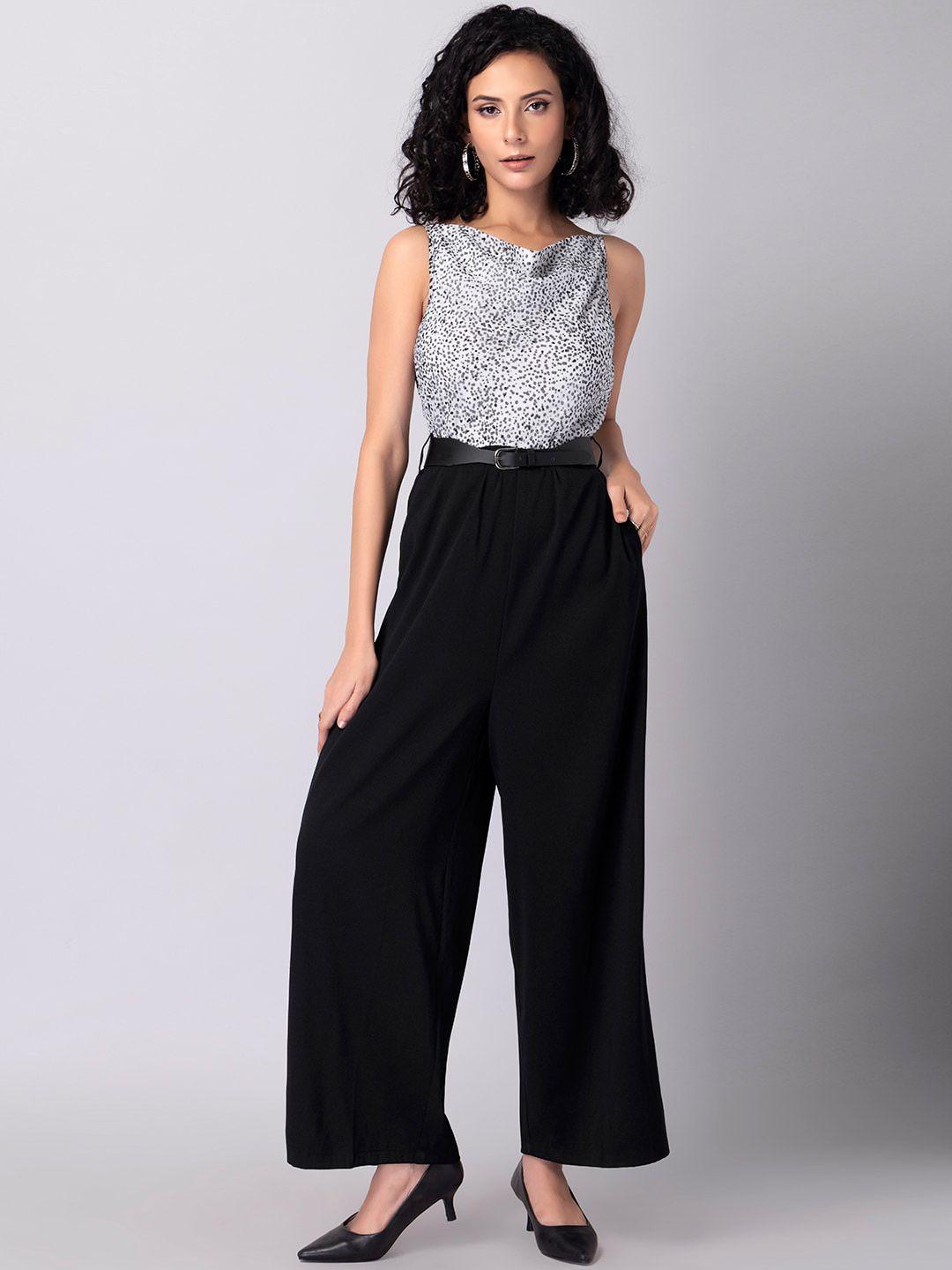 faballey black & white cowl neck colourblocked basic jumpsuit