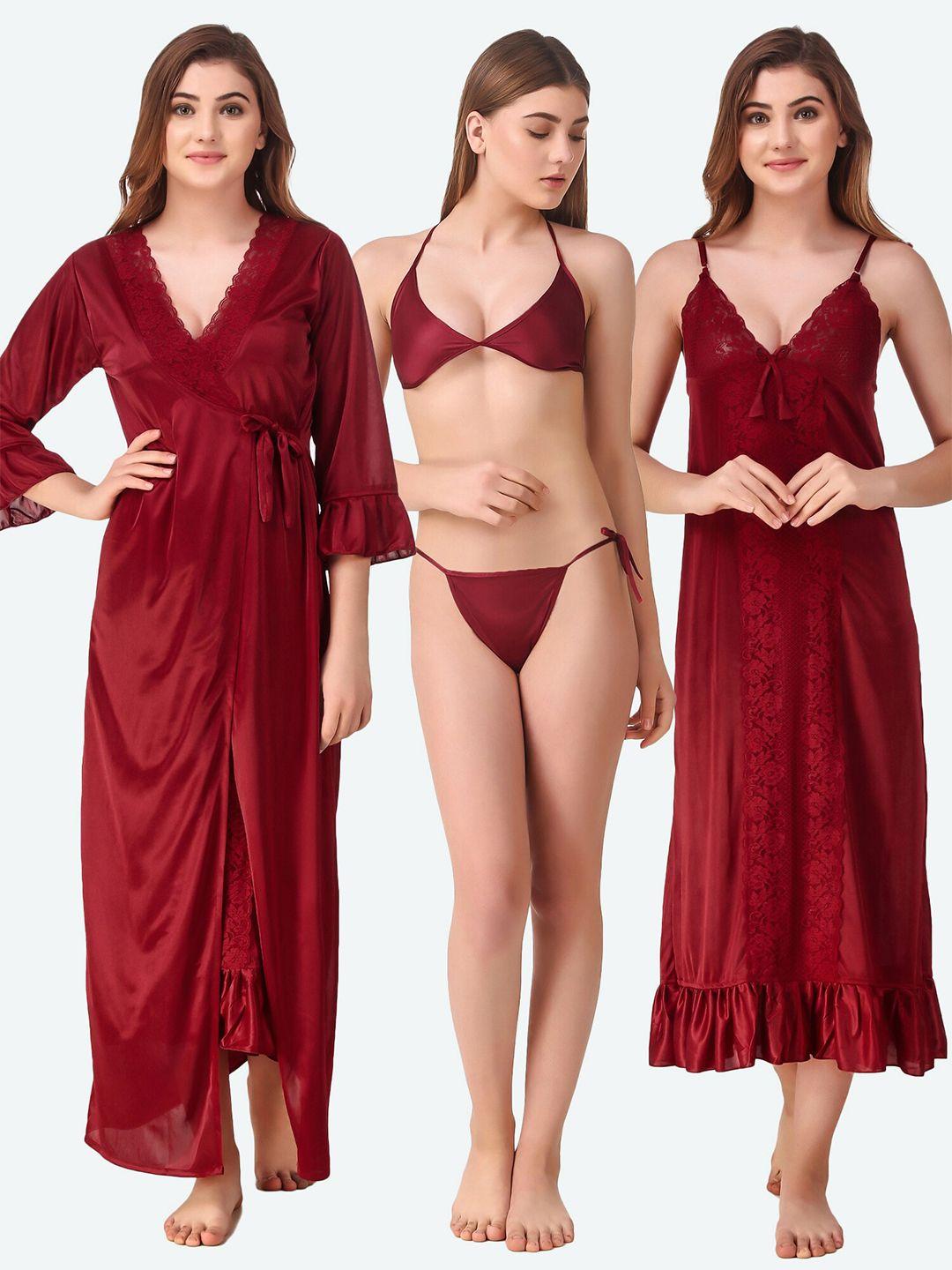 romaisa maroon satin solid nightwear set