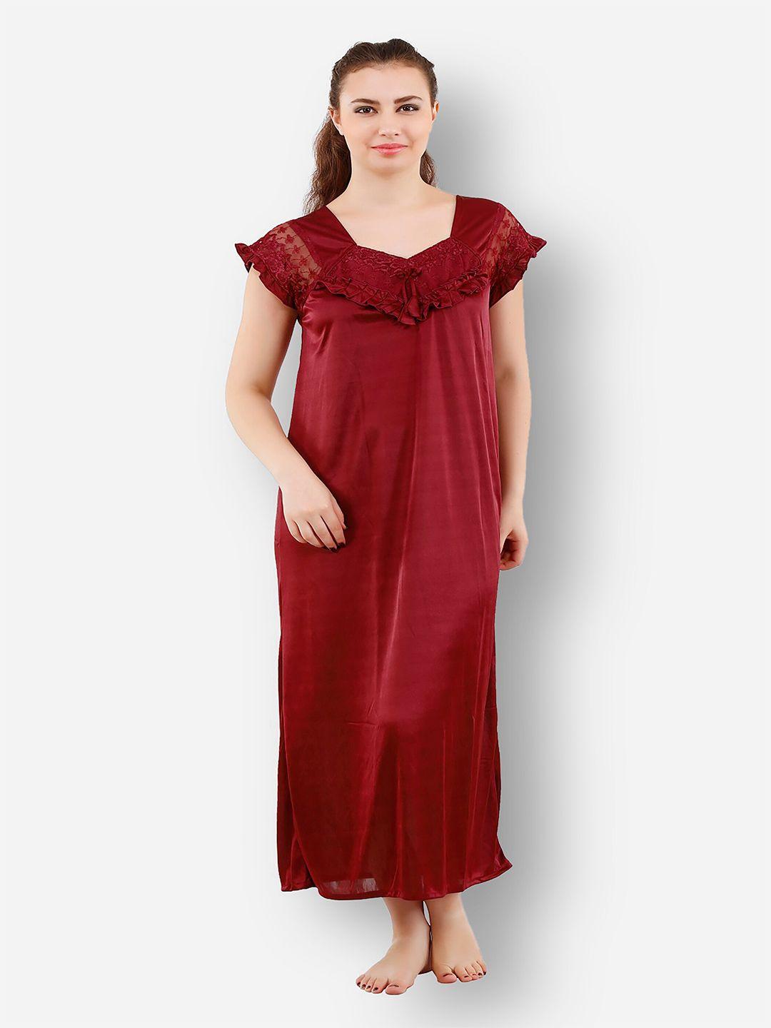 romaisa women maroon solid lace detail 2 piece satin maxi wrap nightdress