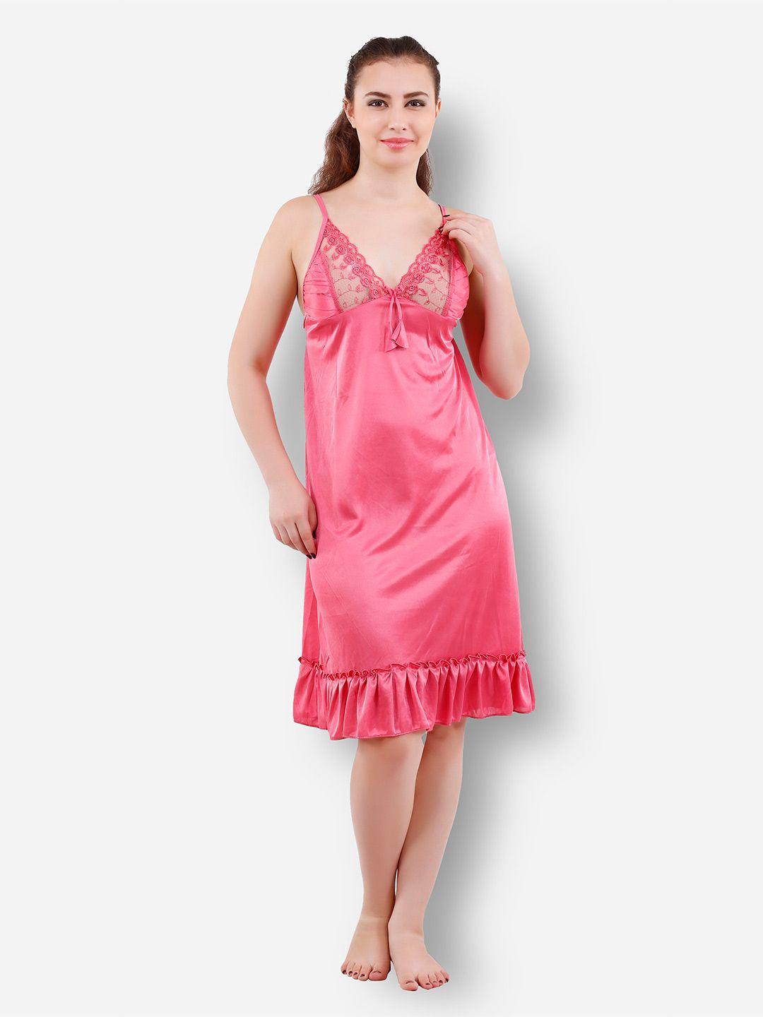 romaisa women pink solid lace detail 2 piece satin maxi wrap nightdress