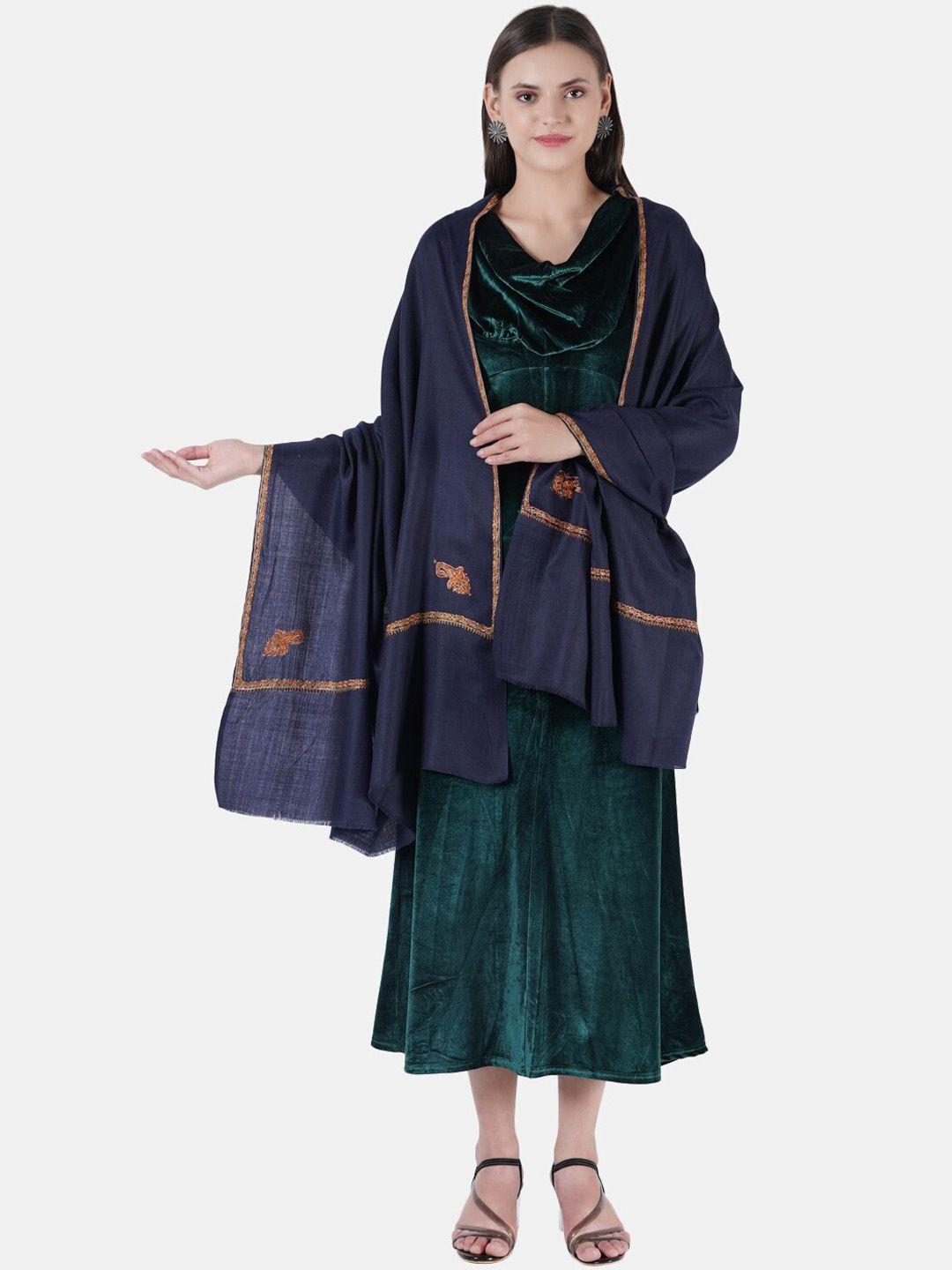 muffly women navy blue & gold-coloured embroidered shawl