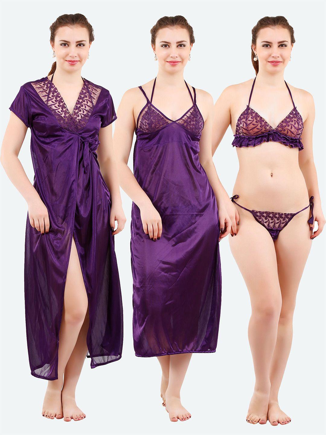 romaisa women purple solid lace detail 4 piece satin maxi wrap nightdress