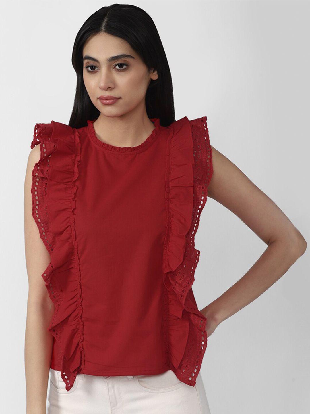 van heusen woman red solid schiffli ruffles top