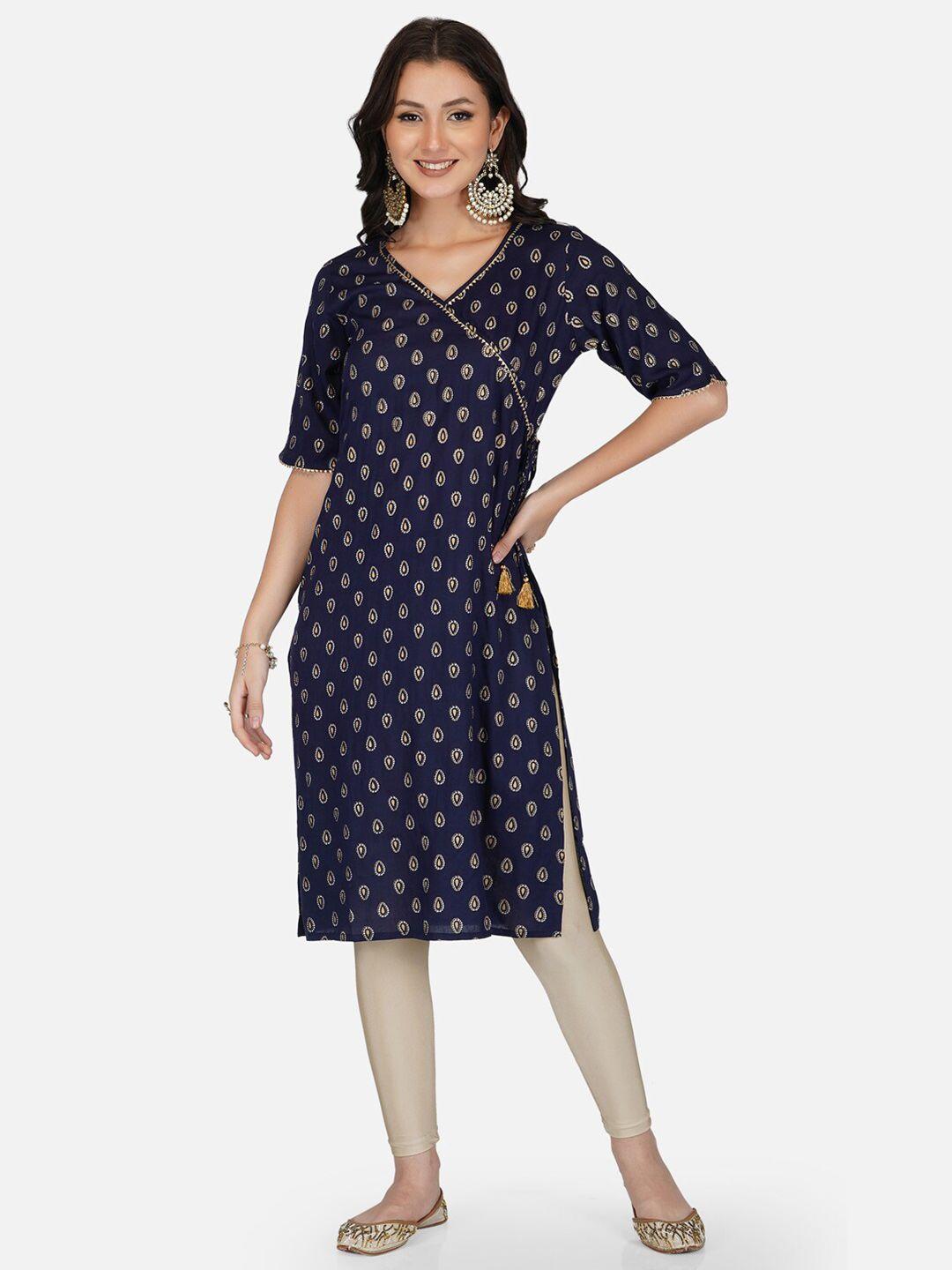 metro-fashion women navy blue & gold-toned geometric printed kurta