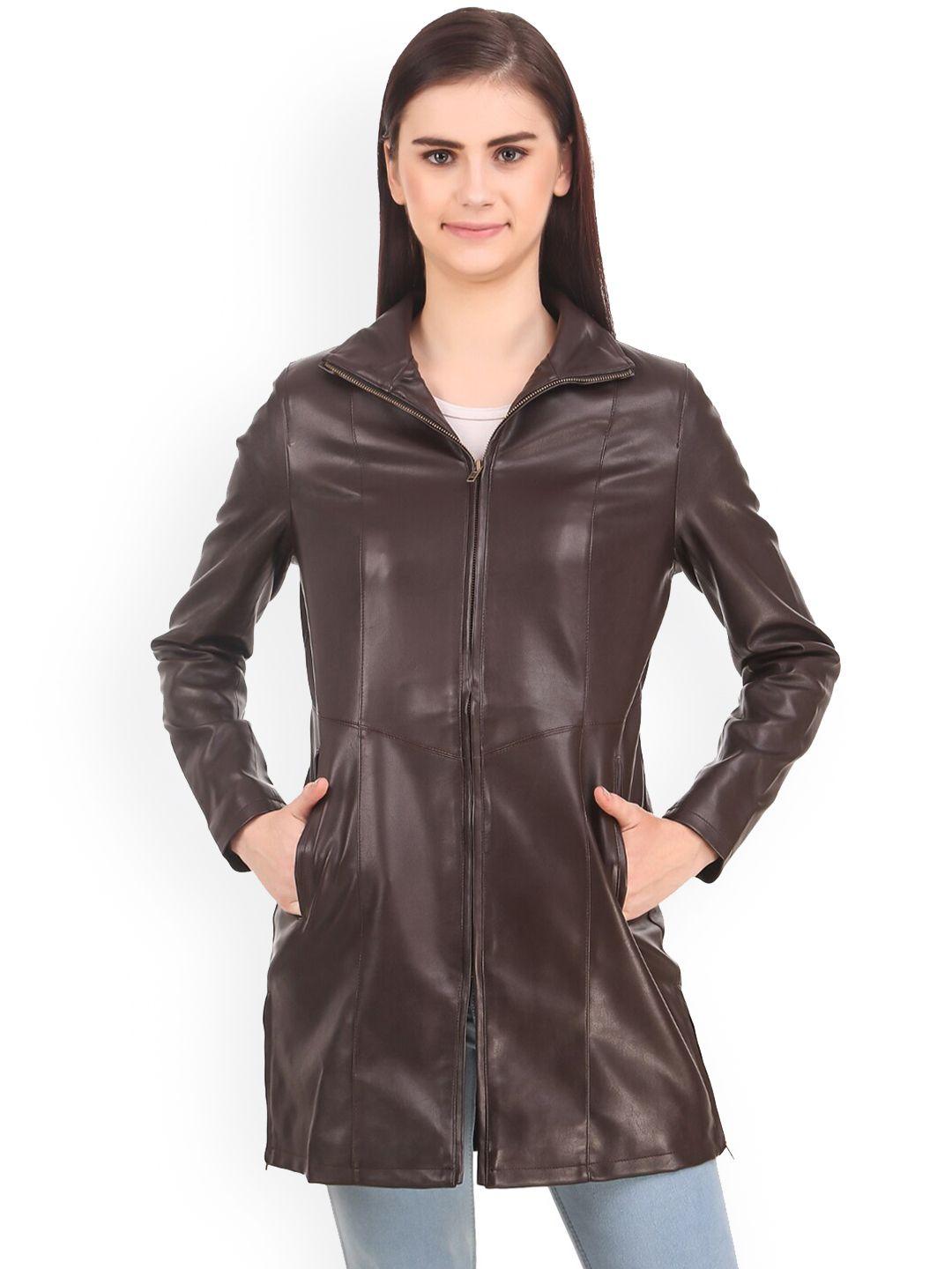 leather retail women coffee brown striped longline outdoor biker jacket