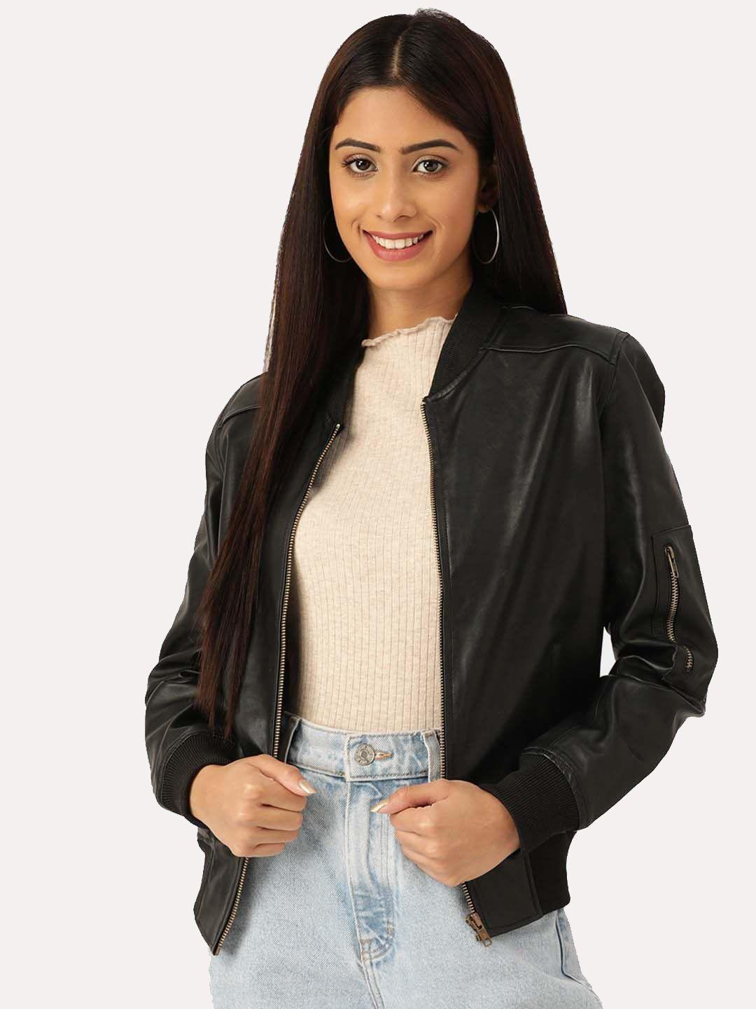 leather retail women black crop outdoor bomber jacket with patchwork