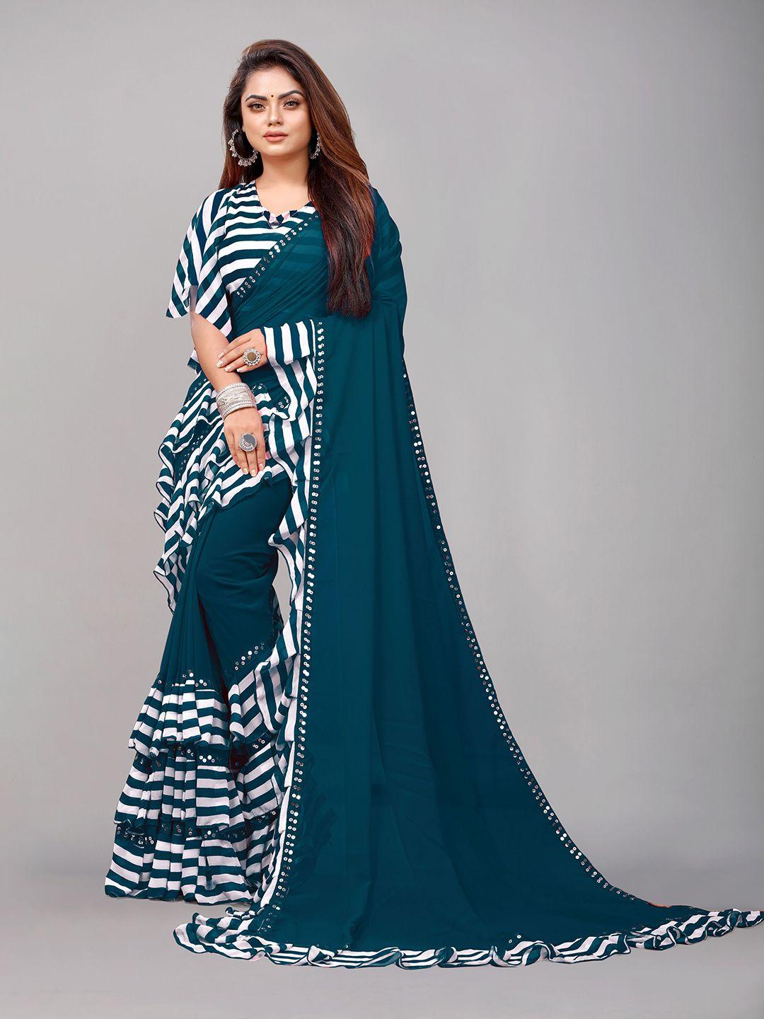 b4me com teal & white pure georgette ruffled saree