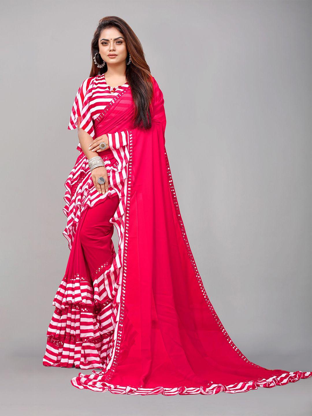 b4me com pink & white pure georgette ruffled saree