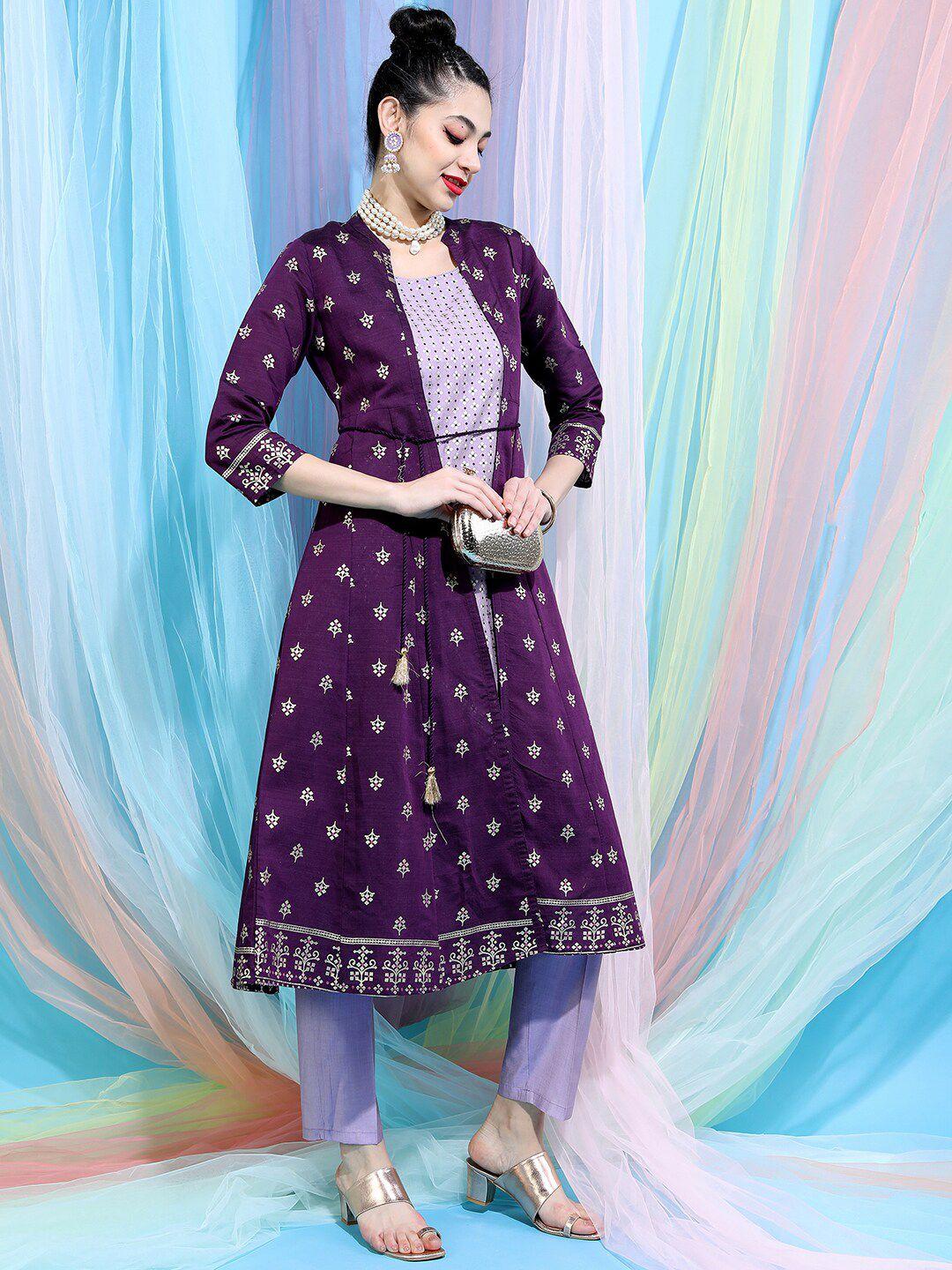 vishudh women ethnic motifs printed empire kurta with trousers & jacket