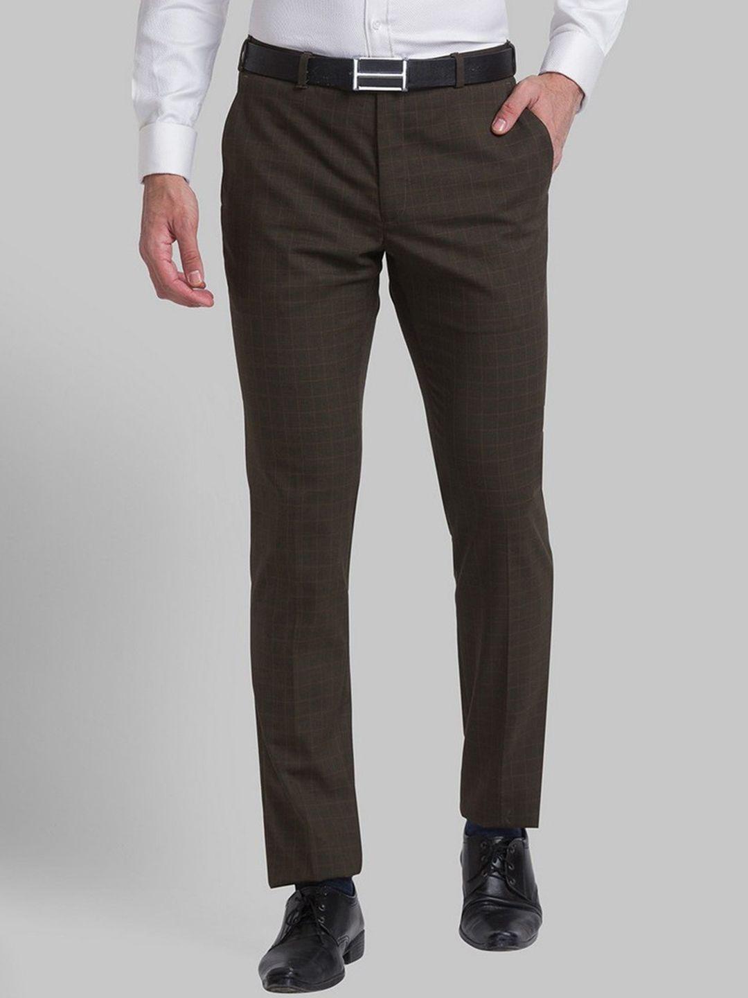 raymond men brown solid slim-fit formal trousers