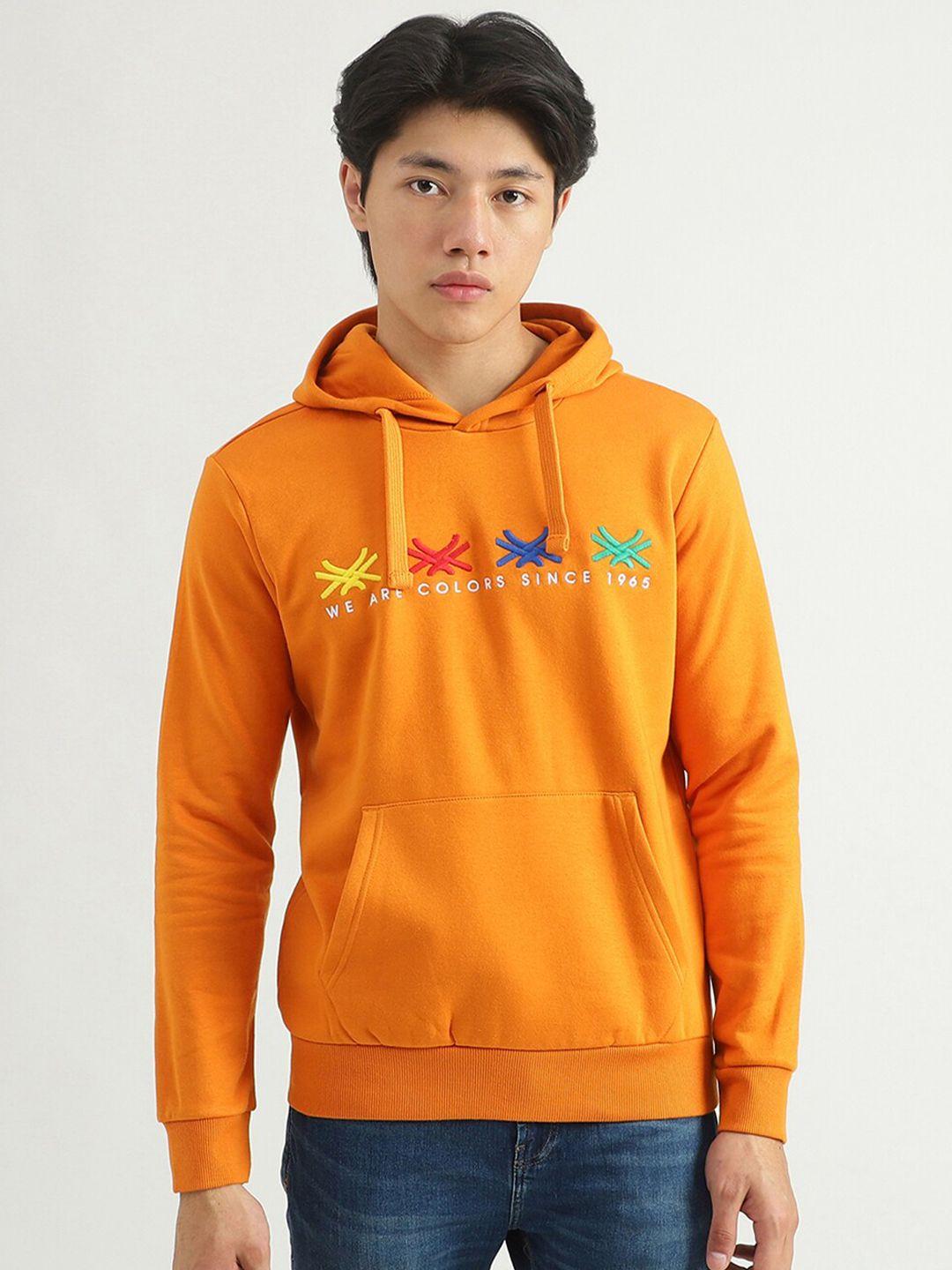 united colors of benetton men orange embroidered hooded sweatshirt