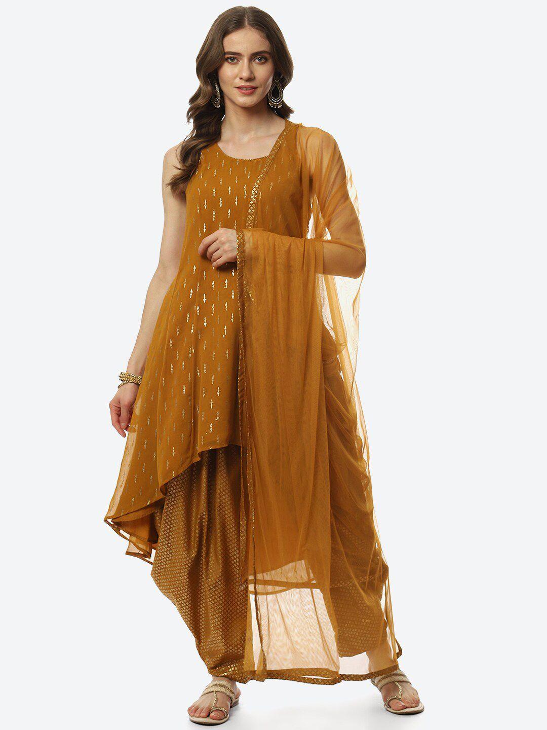 biba women mustard yellow printed kurta with dhoti pants & with dupatta