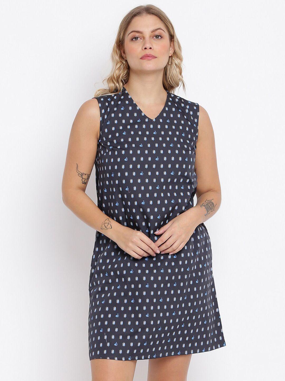 abof navy blue printed v-neck sleeveless a-line dress