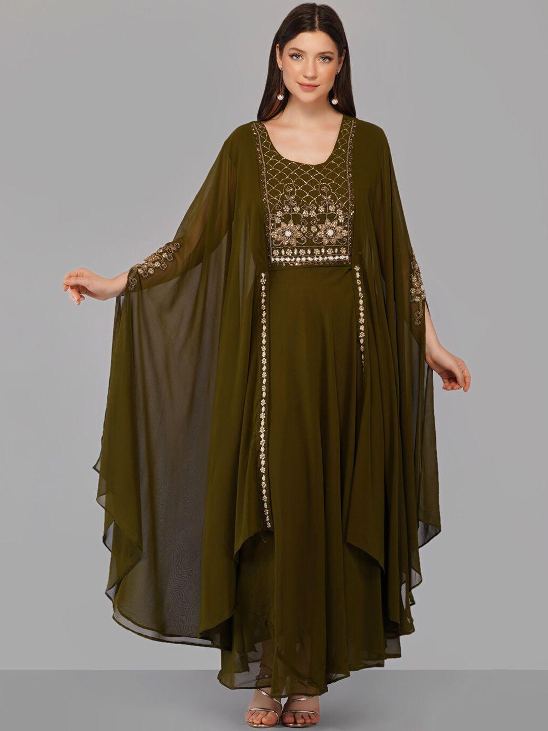 ziva fashion women olive green embellished flared sleeves georgette maxi dress