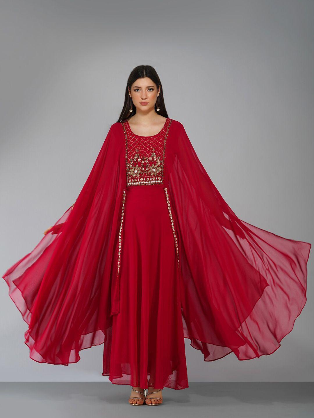 ziva fashion women red embellished flared sleeves georgette maxi dress